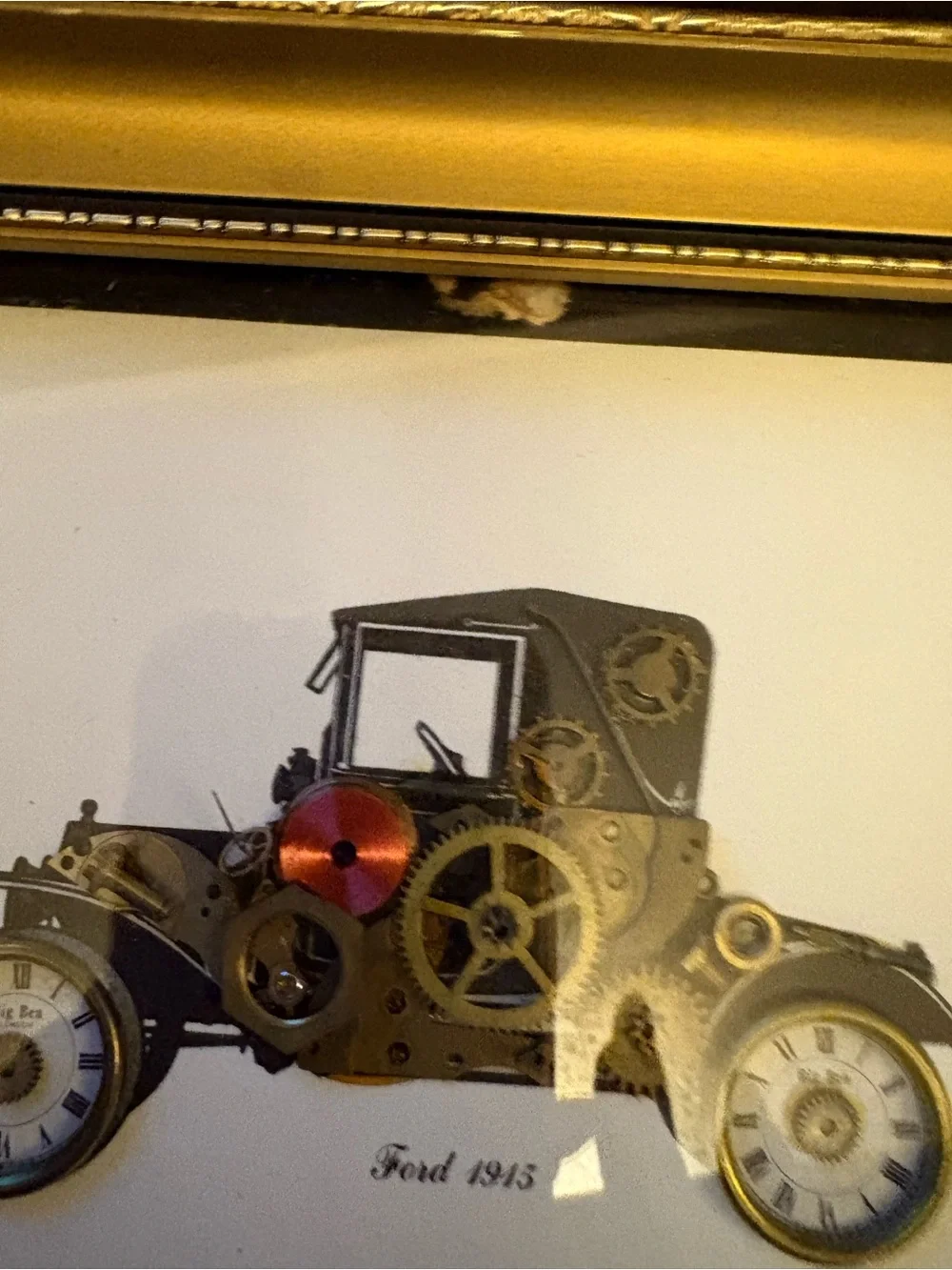 Vintage Ken Broadbent 1915 Model T Ford Handmade Collage Clock Watch Framed Art